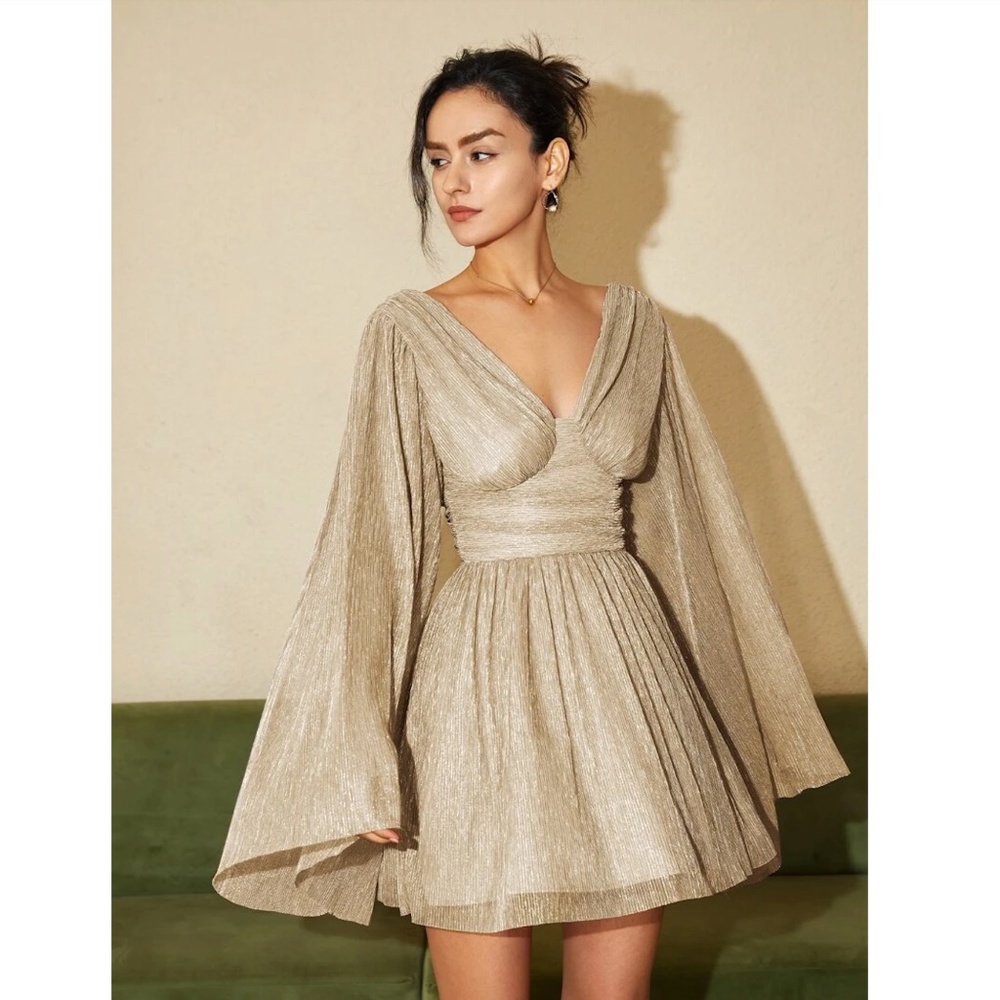 Champagne Beige Mini Dress Flared Bell Long Sleeve Fitted Waist - Picture 6 of 12